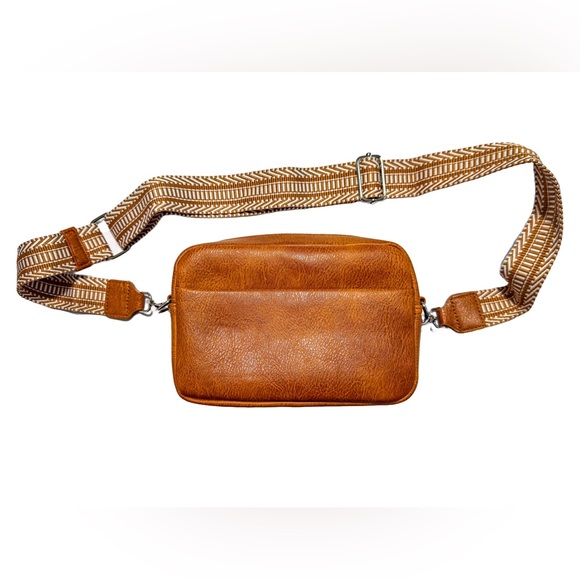 Handbags - Tan Vegan Leather Crossbody Bag with Adjustable Guitar Strap
